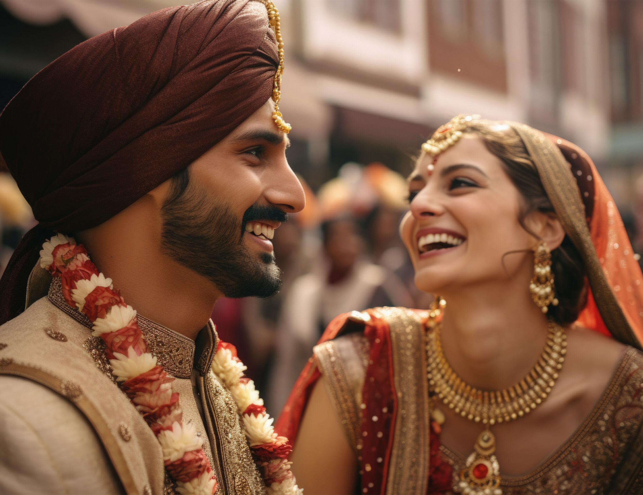 A punjabi bride and groom enjoying and smiling on their wedding day